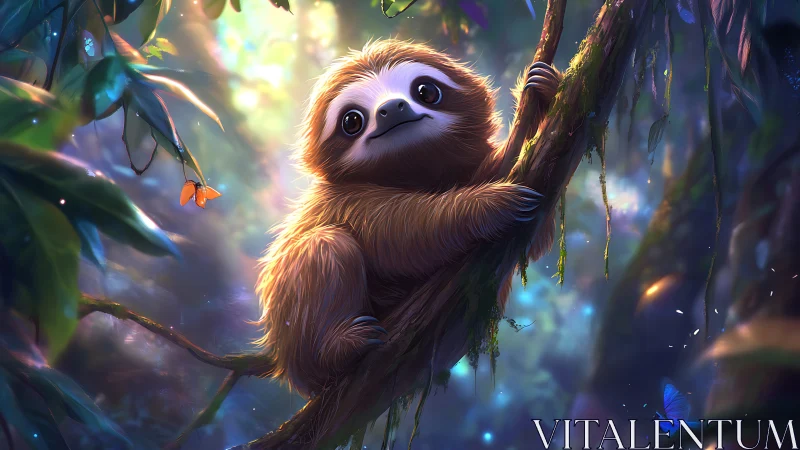 Gentle baby sloth basking in dreamy forest light.
