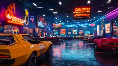 Neon-lit retro muscle car showroom glows under wet floor