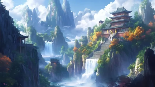 Temple terraces above misty waterfalls in celestial valley.