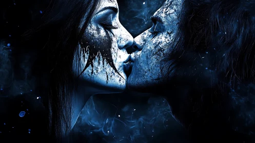 Two souls connect through an ethereal, luminous kiss