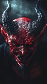 Horned red demon portrait with glowing eyes in smoke.