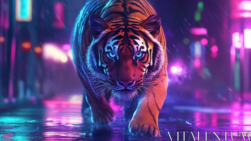 Tiger moves forward on wet neon street under artificial light