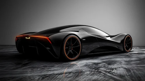 Sleek black futuristic supercar with glowing rear lights.