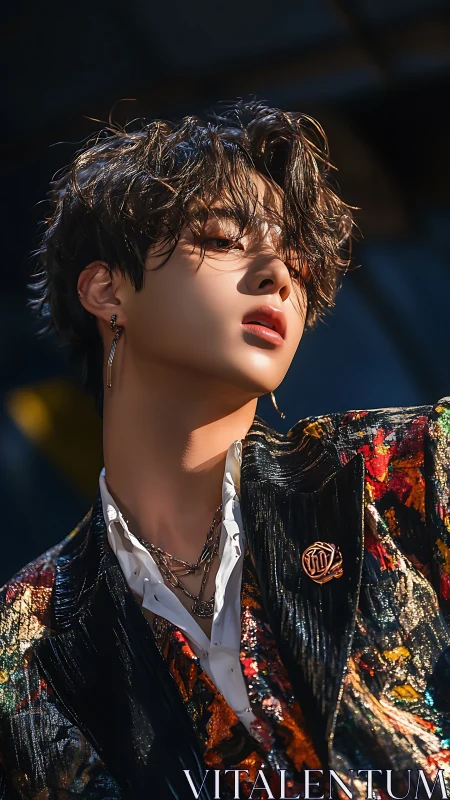 Stylish young star glowing in bold, colorful jacket.