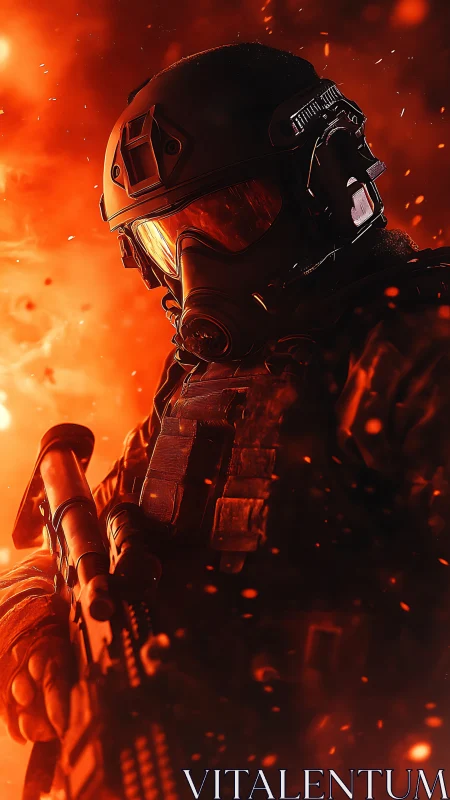 Armored soldier in burning battlefield with rifle ready.