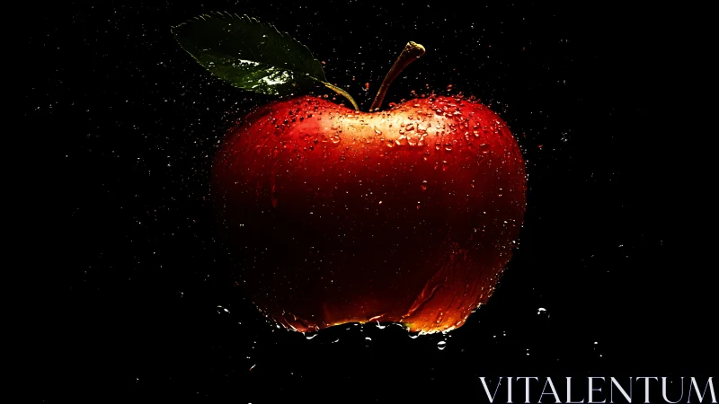 High-contrast macro capture shows red apple with suspended droplets