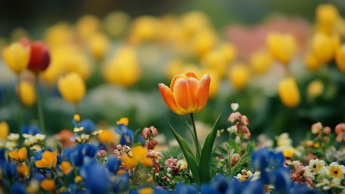 Orange tulip blooms centrally amid multi-colored spring garden