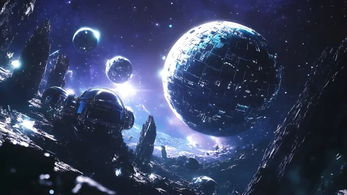 Massive spherical space station over jagged alien terrain.