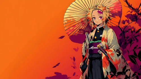 Anime figure with parasol against orange abstract backdrop.