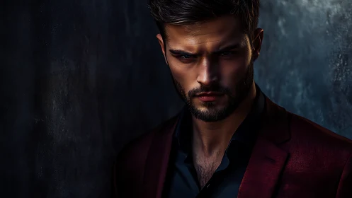 Bearded man in burgundy suit against dark textured wall.