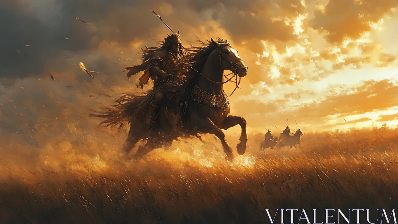 Mounted warrior charge across sunlit grassland at dusk.