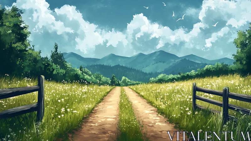 Country path through wildflower meadow to distant hills.