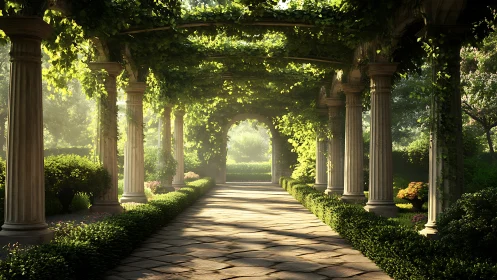 Colonnaded garden pergola with volumetric dawn light rendering.