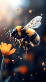Gentle honeybee drifting toward a glowing golden flower.