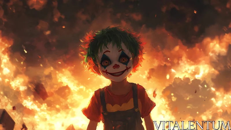 Child clown stands before massive burning explosion scene