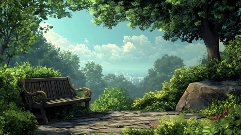 Digital painting of hilltop bench overlooking distant cityscape.