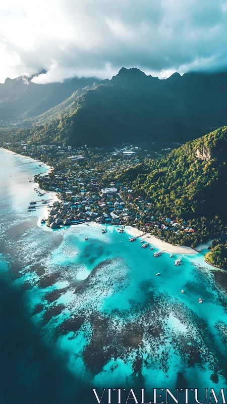 Tropical island bay with turquoise waters and mountain peaks.
