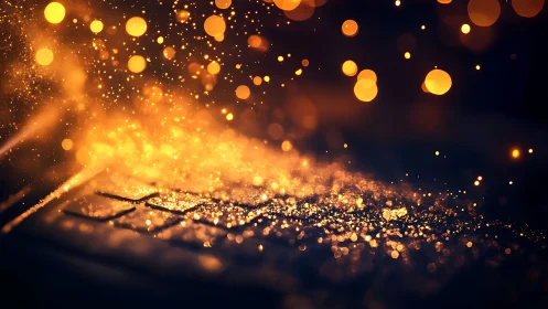 Glowing data sparks drift over an illuminated keyboard.