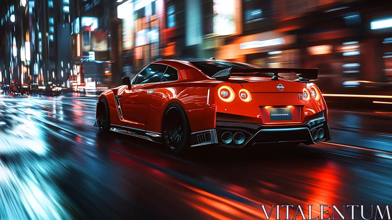 Red Nissan GT-R speeding through neon lit city at night.