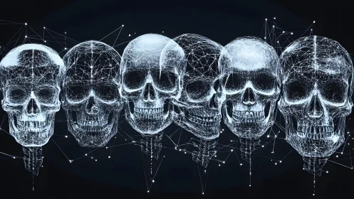 Digital wireframe skulls in a row, futuristic abstract style.