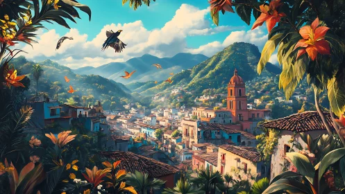 Hillside town with mountains, colonial tower and foliage.