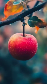 Macro analysis of dew-coated apple in shallow-focus bokeh field.