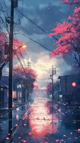 Quiet rainy street with cherry blossoms and reflections.