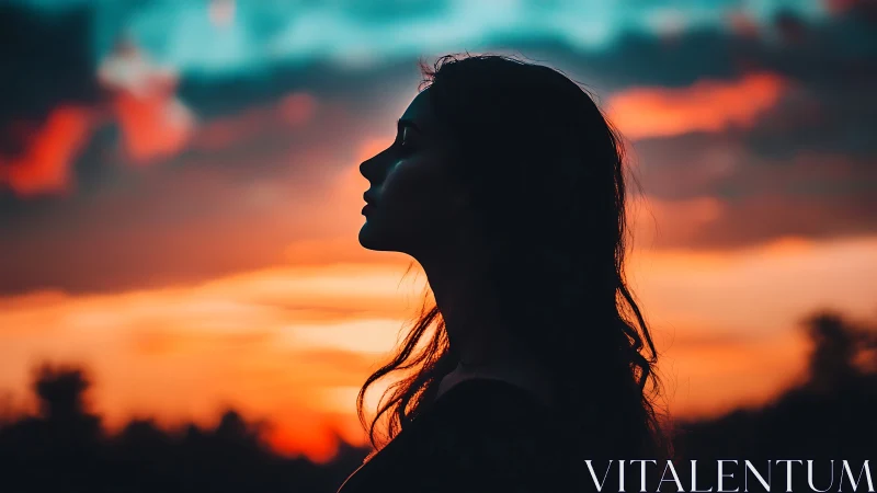 Silhouetted female profile against vivid sunset gradient sky.