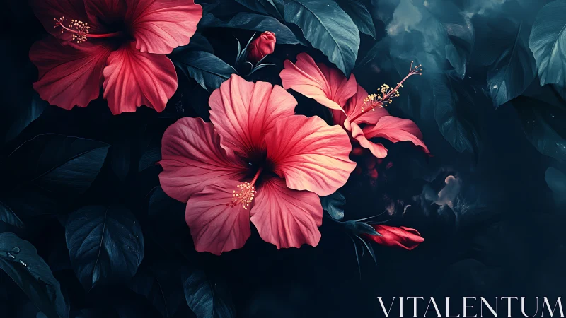 Pink hibiscus blooms dance against shadowed foliage in moody botanical theater
