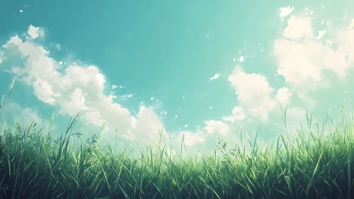 Serene grassy field under blue sky with clouds, digital art style.