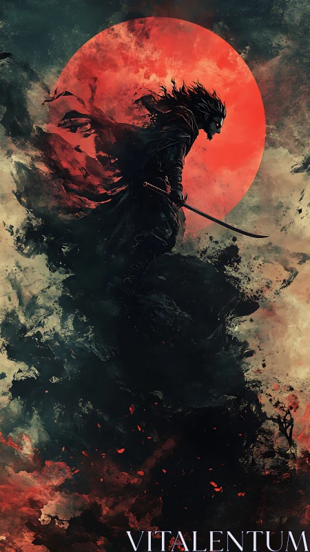 Shadow ronin stalks beneath a raging blood-red moon.