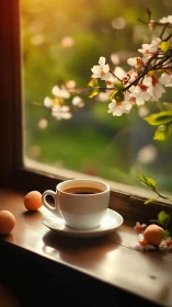 Sunlit coffee pause beneath tender spring blossoms at dawn.