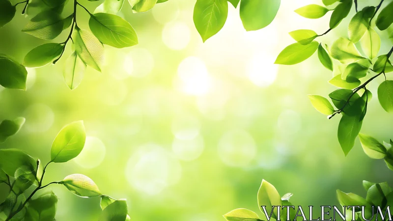 Sunlit green leaves frame a softly glowing forest bokeh