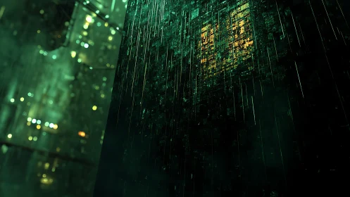 Cybernetic megastructure facade with luminous data grid