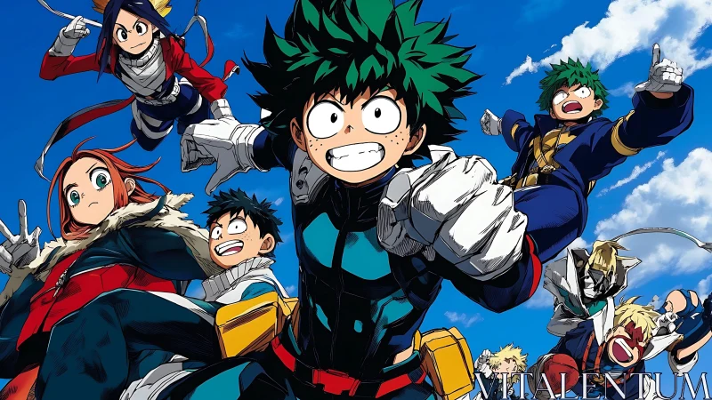 Anime heroes charge forward against dynamic blue sky.