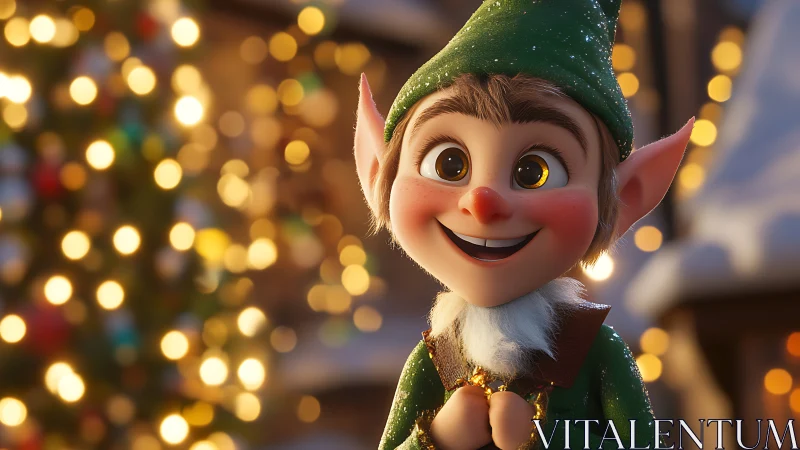 3D holiday elf portrait with festive bokeh lighting focus.