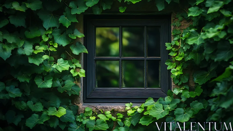 Ivy-wrapped cottage window quietly rehearses forest dreams