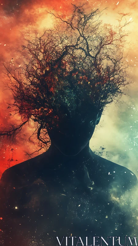 Silhouette mind erupts as cosmic branches fracture sky.