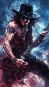 Shirtless guitarist in hat plays electric guitar mid-performance