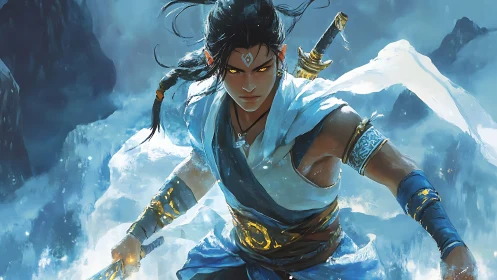 Ice-clad warrior sprinting through storm with glowing blades.