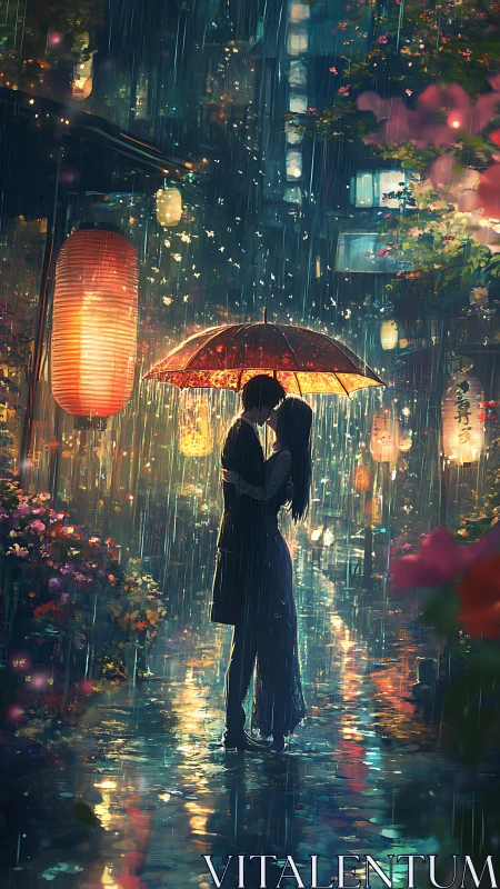 Silhouetted couple kissing under red umbrella in neon rain