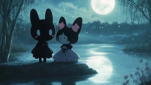 Moonlit bunny friends sharing a quiet riverside secret.