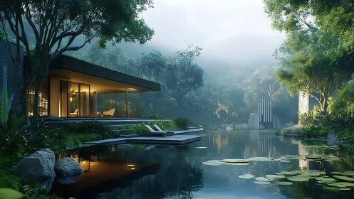 Minimalist Sanctuary Floats Among Emerald Waterways and Mist