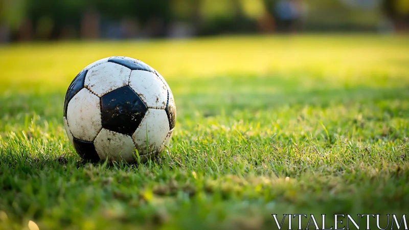 Sunlit soccer ball rests quietly on a fresh green field