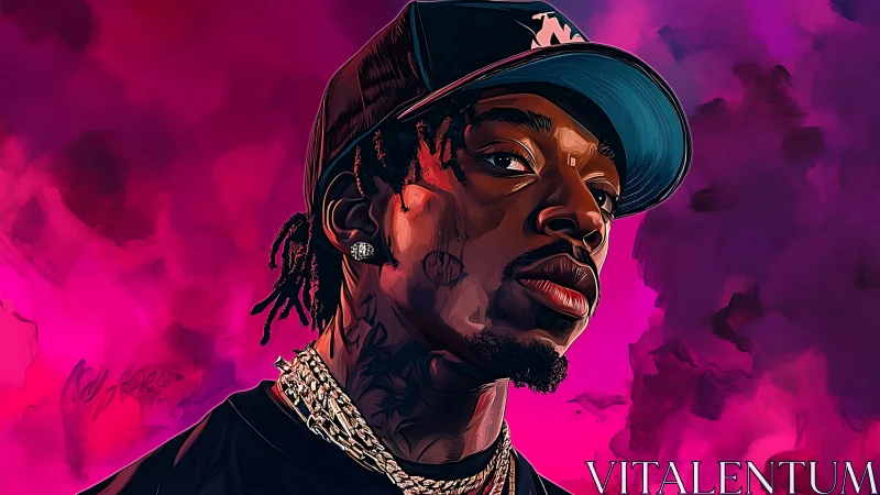Stylized rapper portrait with neon magenta bokeh cloud backdrop