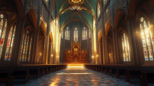 Ray-traced Gothic cathedral nave with volumetric stained-glass lighting