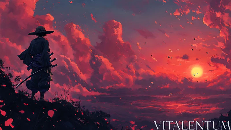 Solitary samurai contemplates a blazing crimson sunset sky.