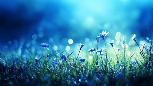 Blue dawn meadow where tiny wildflowers greet quiet light.