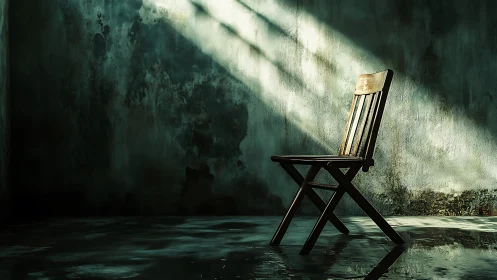 Solitary wooden chair in moody sunlit concrete corner.