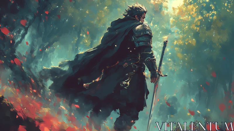 Armored swordsman surveys glowing forest battlefield.